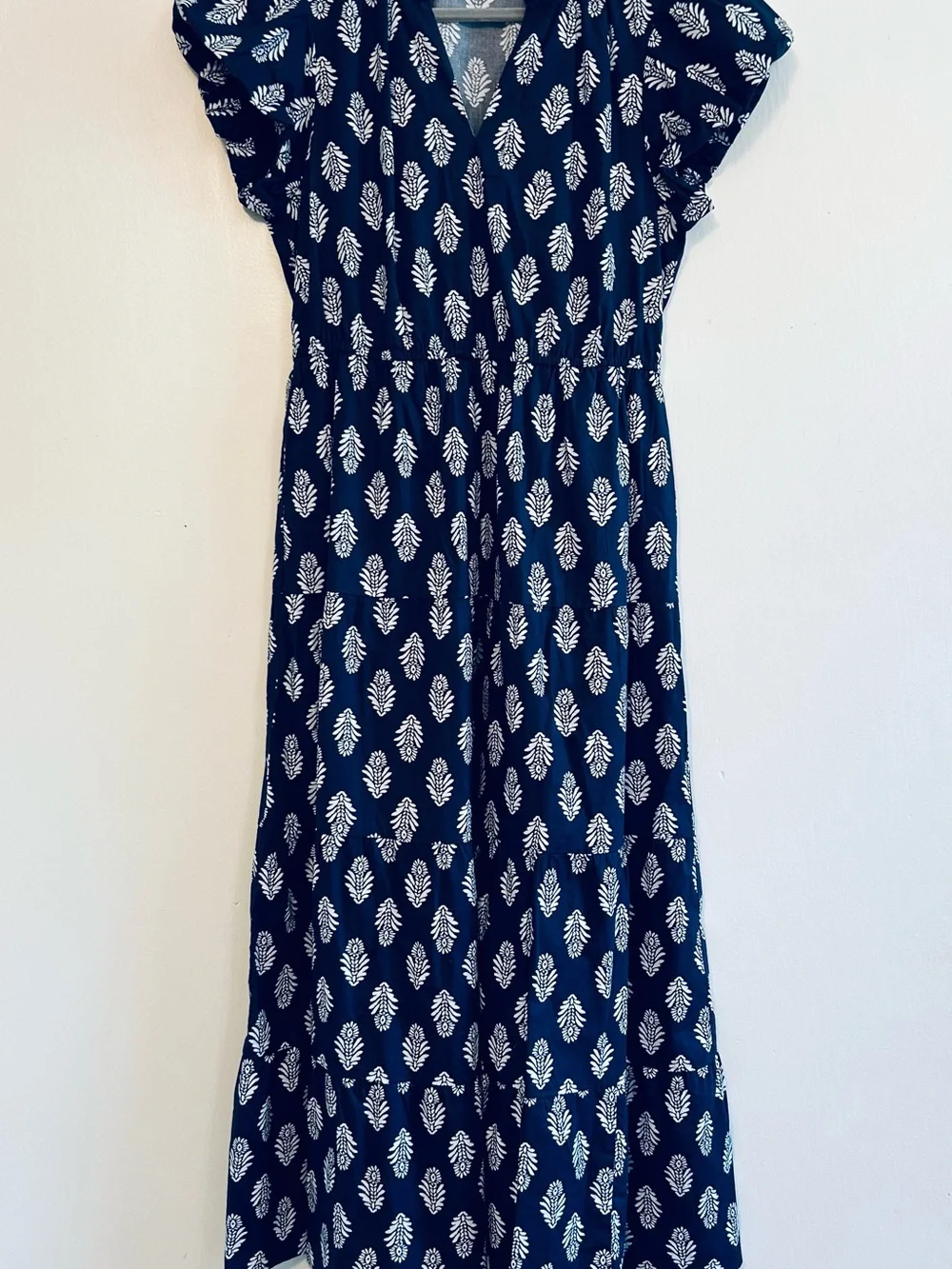 J. Crew Navy Blue Printed Midi Dress with Puff Sleeves, V-Neck and pockets!